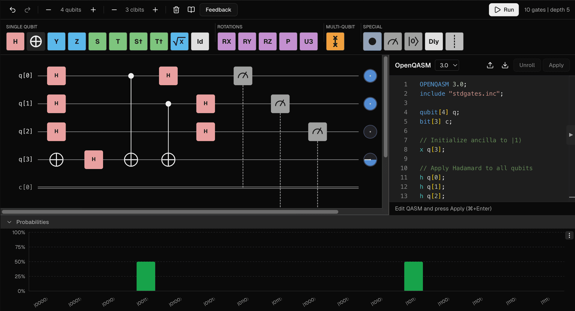 The qBraid circuit composer: a visual circuit synchronized with its OpenQASM 3.0 source and a measurement-probability histogram, the kind of translation Runtime's transpiler performs.