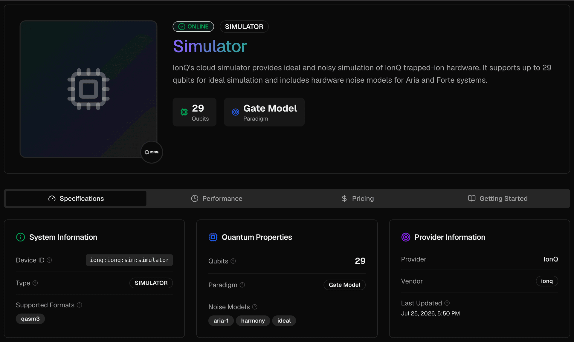 A published device page on qBraid: an online IonQ simulator with qubit count, paradigm, specifications, quantum properties, and provider information.