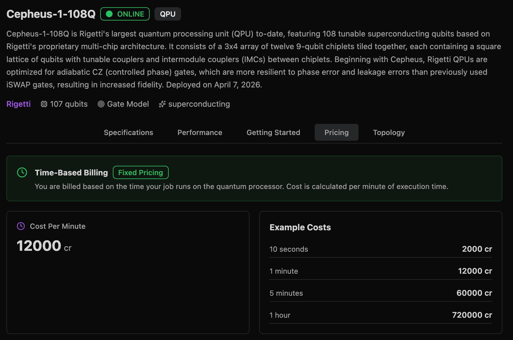 A device's pricing tab on qBraid: time-based billing with a cost-per-minute rate and an example-costs breakdown for 10 seconds, 1 minute, 5 minutes, and 1 hour.