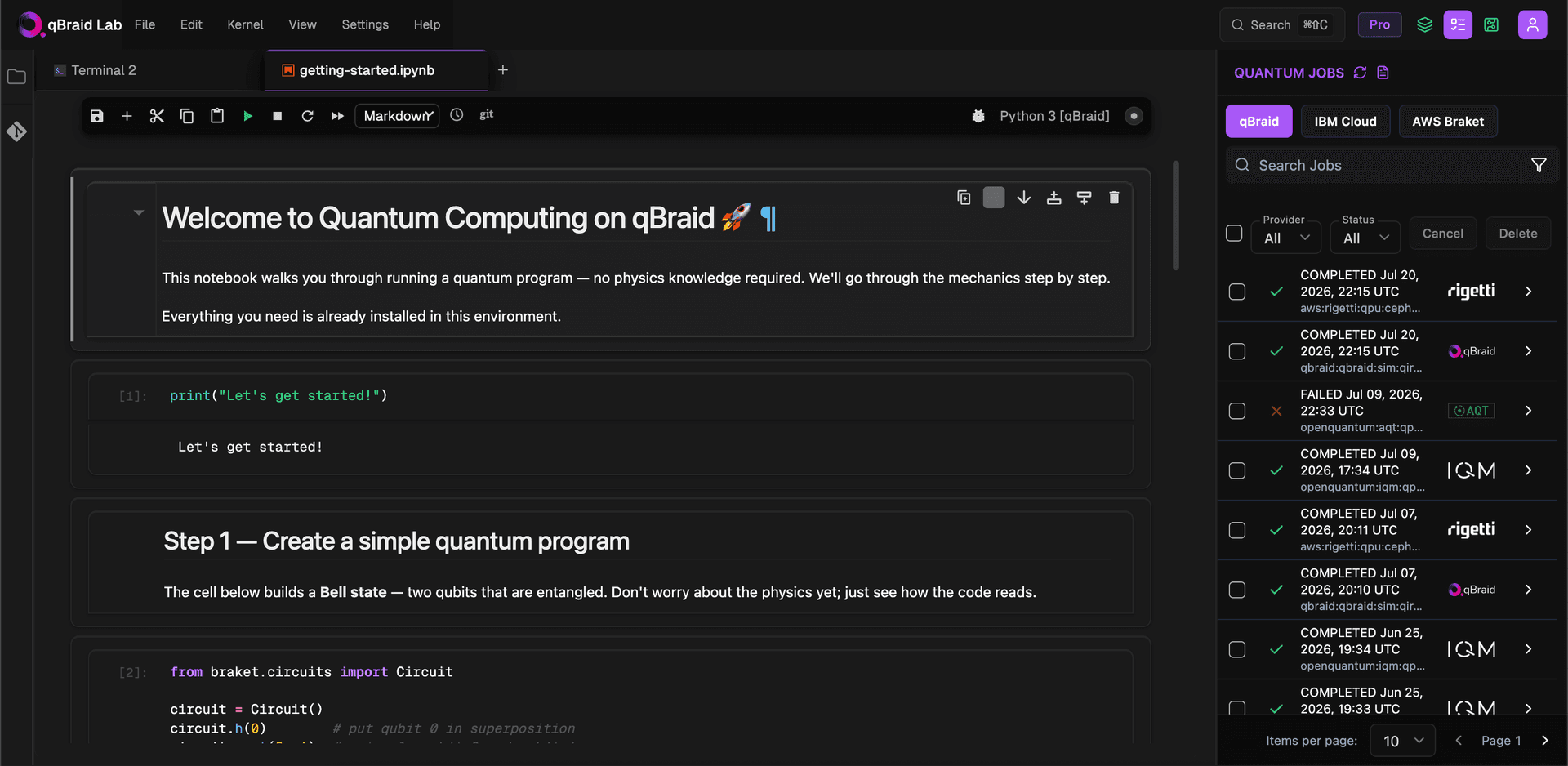 qBraid Lab: a JupyterLab notebook running a quantum program in the browser, with the Quantum Jobs panel showing recent runs across Rigetti, IQM, AQT, and qBraid.