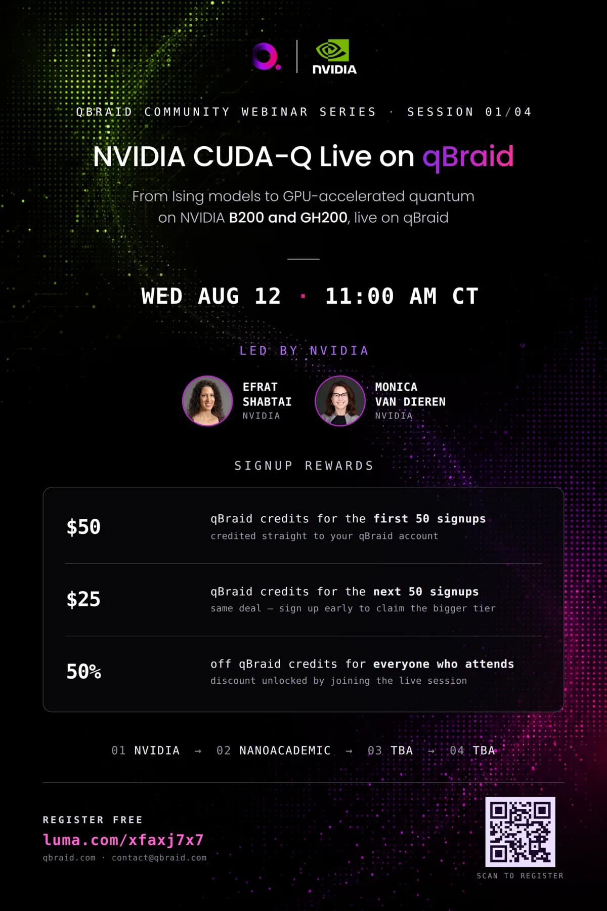 NVIDIA CUDA-Q Live on qBraid — qBraid Community Webinar Series session 01 of 04, Wednesday August 12 at 11:00 AM CT, led by NVIDIA's Efrat Shabtai and Monica Van Dieren. Signup rewards: $50 in qBraid credits for the first 50 signups, $25 for the next 50, and 50% off credits for everyone who attends live